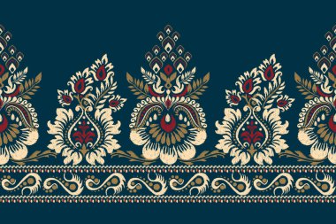 Ikat çiçekli şal desenli lacivert arka plan nakışı. Etnik oryantal desen geleneği. Doku, kumaş, giysi, ambalaj, dekorasyon, Sarong tasarımı..