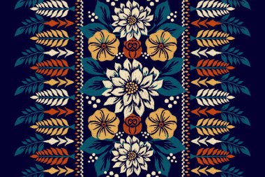 Siyah arka plana Ikat desenli desenli işleme.Etnik oryantal desen geleneği. Doku, kumaş, giysi, ambalaj, dekorasyon, atkı, halı için soyut vektör çizimi.