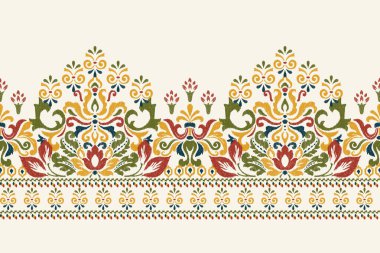 Beyaz arka plana Ikat desenli desenli işleme.Etnik oryantal desen geleneği. Doku, kumaş, giysi, ambalaj, dekorasyon, sarong, eşarp için soyut vektör çizimi.