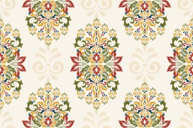 Beyaz arka plana Ikat desenli çiçek desenli nakış. Etnik doğuya özgü dikişsiz desen geleneği. Doku, kumaş, ambalaj, giysi, dekorasyon için tasarım..