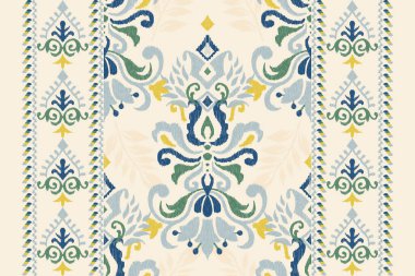 Beyaz arka plana Ikat desenli desenli işleme.Etnik oryantal desen geleneği. Doku, kumaş, giysi, ambalaj, dekorasyon, atkı, halı için soyut vektör çizimi.