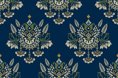 Ikat çiçekli şal desenli lacivert arka plan nakışı. Etnik doğuya özgü dikişsiz desen geleneği. Doku, kumaş, giysi, ambalaj, dekorasyon için tasarım.