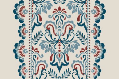 Gri arkaplandaki Ikat desenli desenli desenler. Etnik doğu desenli geleneksel. Doku, kumaş, kıyafet, ambalaj, dekorasyon, eşarp, halı tasarımı..