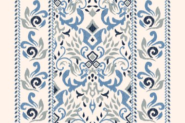 Beyaz arka plana Ikat desenli desenli işleme.Etnik oryantal desen geleneği. Doku, kumaş, giysi, ambalaj, dekorasyon, atkı, halı için soyut vektör çizimi.