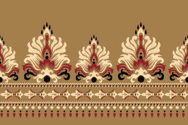 Kahverengi arka planda Ikat desenli desenli işleme.Etnik oryantal desen geleneği. Doku, kumaş, giysi, ambalaj, dekorasyon, sarong, eşarp için soyut vektör çizimi.