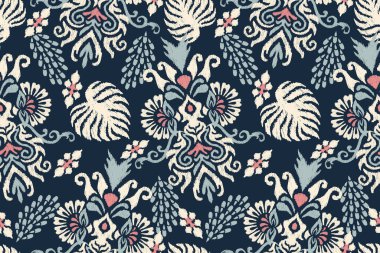 Ikat çiçekli şal desenli lacivert arka plan nakışı. Etnik doğuya özgü dikişsiz desen geleneği. Doku, kumaş, giysi, ambalaj, dekorasyon için tasarım.