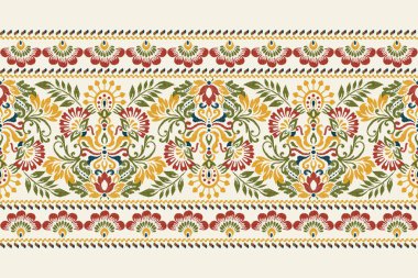 Beyaz arka plana Ikat desenli desenli işleme.Etnik oryantal desen geleneği. Doku, kumaş, giysi, ambalaj, dekorasyon, atkı, halı için soyut vektör çizimi.