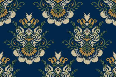 Ikat çiçekli şal desenli lacivert arka plan nakışı. Etnik doğuya özgü dikişsiz desen geleneği. Doku, kumaş, giysi, ambalaj, dekorasyon için tasarım.