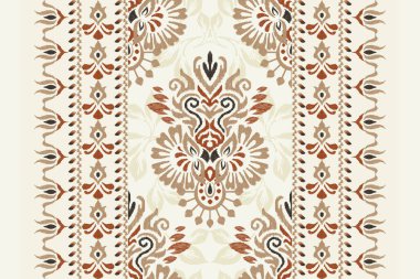 Beyaz arka plana Ikat desenli desenli işleme.Etnik oryantal desen geleneği. Doku, kumaş, giysi, ambalaj, dekorasyon, atkı, halı için soyut vektör çizimi.