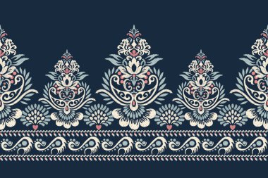 Ikat çiçekli şal desenli lacivert arka plan nakışı. Etnik oryantal desen geleneği. Doku, kumaş, giysi, ambalaj, dekorasyon, Sarong tasarımı..