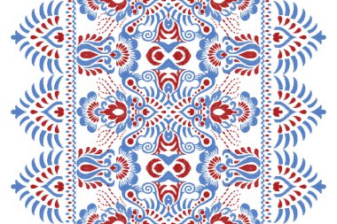 Beyaz arka plana Ikat desenli desenli işleme.Etnik oryantal desen geleneği. Doku, kumaş, giysi, ambalaj, dekorasyon, atkı, halı için soyut vektör çizimi.