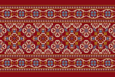 Kırmızı arka planda çiçek haçı nakışı. Geometrik etnik doğu desenli geleneksel. Doku, kumaş, giysi, ambalaj, dekorasyon, sarong için tasarlanmış soyut vektör çizimi..