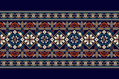 Koyu mor arkaplan üzerine çiçek haçı nakışı. Geometrik etnik oryantal desen geleneği. Doku, kumaş, kıyafet, ambalaj, dekorasyon, soyut vektör çizimi..