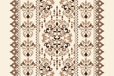 Beyaz arka plana Ikat desenli desenli işleme.Etnik oryantal desen geleneği. Doku, kumaş, giysi, ambalaj, dekorasyon, atkı, halı için soyut vektör çizimi.