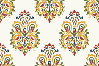 Beyaz arka plana Ikat çiçekli desenli nakış. Etnik doğuya özgü dikdörtgen desenli geleneksel. Doku, kumaş, giysi, ambalaj, dekorasyon için tasarım..