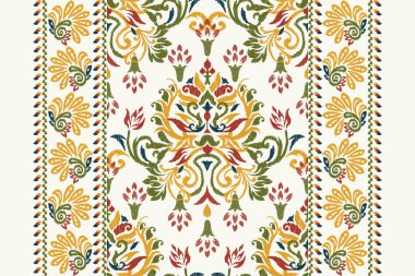 Beyaz arka plana Ikat desenli desenli işleme.Etnik oryantal desen geleneği. Doku, kumaş, giysi, ambalaj, dekorasyon, atkı, halı için soyut vektör çizimi.