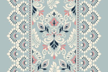 Mavi arka plana Ikat desenli desenli işleme.Etnik oryantal desen geleneği. Doku, kumaş, giysi, ambalaj, dekorasyon, atkı, halı için soyut vektör çizimi..