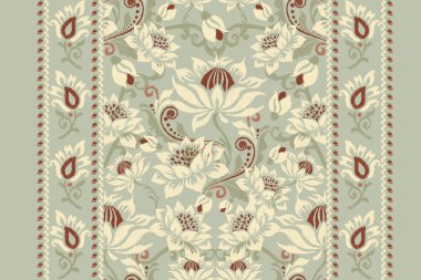 Yeşil arka planda Ikat desenli desenli işleme.Etnik oryantal desen geleneği. Doku, kumaş, giysi, ambalaj, dekorasyon, halı, eşarp için soyut vektör çizimi.
