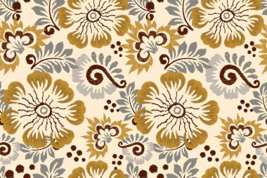 Krem zemin üzerine Ikat çiçekli desenli nakış. Etnik doğuya özgü dikişsiz desen geleneği. Doku, kumaş, giysi, ambalaj, dekorasyon için tasarım.