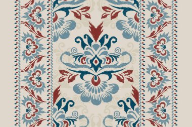 Gri arkaplandaki Ikat desenli desenli işleme.Etnik oryantal desen geleneği. Doku, kumaş, giysi, dekorasyon, halı, eşarp için soyut vektör çizimi..