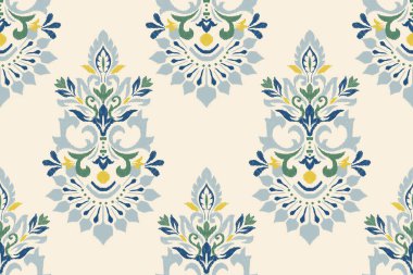 Beyaz arka plana Ikat çiçekli desenli nakış. Etnik doğuya özgü dikdörtgen desenli geleneksel. Doku, kumaş, giysi, ambalaj, dekorasyon için tasarım..