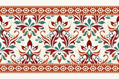 Beyaz arka plana Ikat desenli desenli işleme.Etnik oryantal desen geleneği. Doku, kumaş, giysi, ambalaj, dekorasyon, atkı, halı için soyut vektör çizimi.