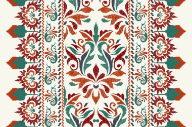 Beyaz arka plana Ikat desenli desenli işleme.Etnik oryantal desen geleneği. Doku, kumaş, giysi, ambalaj, dekorasyon, atkı, halı için soyut vektör çizimi.