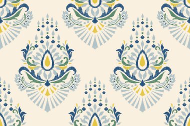 Beyaz arka plana Ikat çiçekli desenli nakış. Etnik doğuya özgü dikdörtgen desenli geleneksel. Doku, kumaş, giysi, ambalaj, dekorasyon için tasarım..