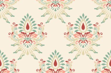 Beyaz arka plana Ikat çiçekli desenli nakış. Etnik doğuya özgü dikdörtgen desenli geleneksel. Doku, kumaş, giysi, ambalaj, dekorasyon için tasarım..