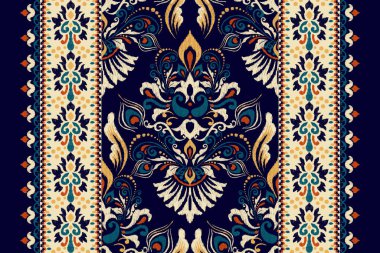 Ikat çiçekli şal desenli lacivert arka plan nakışı. Etnik oryantal desen geleneği. Doku, kumaş, elbise, ambalaj, dekorasyon, halı tasarımı..