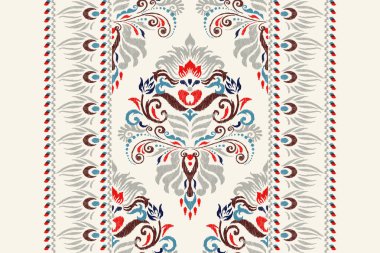 Damask ikat çiçek nakışı. Beyaz arka planda geleneksel etnik oryantal desen. Özet, soyut, vektör çizimi. Doku, kumaş, giysi, ambalaj, dekorasyon, atkı, halı için tasarım..