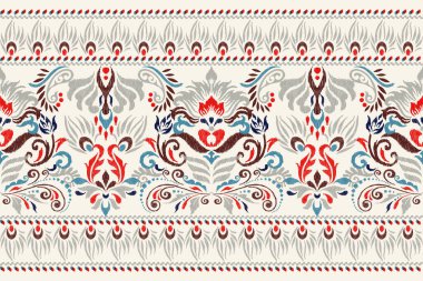 Damask Ikat çiçek nakışı. Beyaz arka planda geleneksel etnik oryantal desen. Özet, soyut, vektör çizimi. Doku, kumaş, giysi, ambalaj, dekorasyon, sarong, eşarp için tasarım..