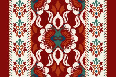 Kırmızı arkaplan vektör illüstrasyonunda geleneksel Damask Ikat deseni. İkat etnik doğulu nakış, Aztek tarzı, soyut özgeçmiş. Doku, kumaş, giysi, ambalaj, dekorasyon için tasarım..