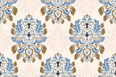 Krem arkaplan vektör illüstrasyonunda Ikat çiçek deseni. Etnik doğuya özgü nakış, Aztek tarzı, soyut özgeçmiş. Doku, kumaş, giysi, ambalaj, dekorasyon, atkı, sargı için tasarım.