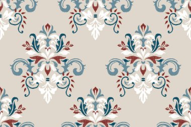 Gri arkaplan vektörü illüstrasyonunda Damask Ikat çiçek deseni. Etnik doğuya özgü nakış, Aztek tarzı, soyut özgeçmiş. Doku, kumaş, giysi, ambalaj, süsleme, baskı,.