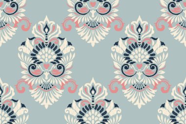 Mavi arkaplan vektör illüstrasyonunda Ikat çiçeksiz desen. Etnik oryantal nakış, soyut özgeçmiş. Doku, kumaş, giysi, ambalaj, dekorasyon, sarong, sari için tasarım..