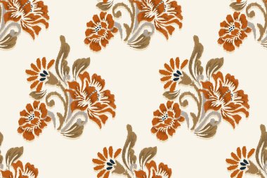 Beyaz arkaplan vektörü illüstrasyonundaki Damask Ikat çiçek deseni. Gül çiçeği nakışı. Moda kadınları için tasarım, doku, kumaş, giysi, ambalaj kağıdı, perdeler, dekorasyon.