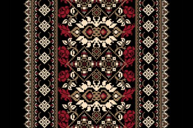 Siyah arka plan üzerindeki çiçek pikseli sanat deseni. Geometrik etnik oryantal vektör ilüstrasyonu.piksel stili, soyut arkaplan, çapraz dikişler. Doku, kumaş, kumaş, atkı, dekorasyon için tasarım.