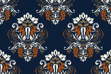 Damask Ikat Çiçeksiz desen donanma mavi arka plan vektör illüstrasyonunda. Ikat etnik doğu nakışı, Aztek tarzı, soyut arka plan. Doku, kumaş, giysi, ambalaj, dekorasyon için tasarım.