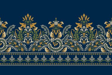 Deniz mavisi arka planda Arabesque Ikat çiçek deseni. Etnik doğulu nakışçı illüstrasyonu, Aztek tarzı, soyut arka plan. Doku, kumaş, giysi, ambalaj, dekorasyon, sarong tasarımı.