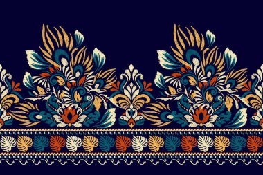 Deniz mavisi arka planda Arabesque Ikat çiçek deseni. Etnik doğulu nakışçı illüstrasyonu, Aztek tarzı, soyut arka plan. Doku, kumaş, giysi, ambalaj, dekorasyon, sarong tasarımı.