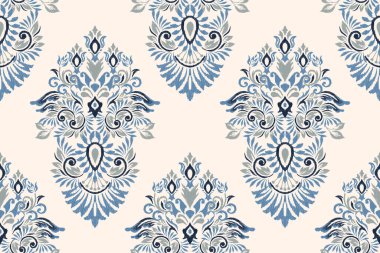 Beyaz arkaplan vektör illüstrasyonunda damaske Ikat dikişsiz çiçek deseni. Etnik oryantal nakış, Aztek tarzı, soyut özgeçmiş. Doku, kumaş, giysi, ambalaj, dekorasyon, baskı için tasarım.