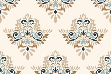 Beyaz arkaplan vektör illüstrasyonunda Damask Ikat çiçek deseni. Etnik doğuya özgü nakış, Aztek tarzı, soyut özgeçmiş. Doku, kumaş, giysi, ambalaj, dekorasyon, baskı için tasarım.