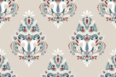 Gri arkaplan vektörü illüstrasyonunda Damask Ikat çiçek deseni. Etnik doğuya özgü nakış, Aztek tarzı, soyut özgeçmiş. Doku, kumaş, giysi, ambalaj, süsleme, baskı,.