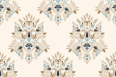 Beyaz arkaplan vektör illüstrasyonunda Damask Ikat çiçek deseni. Etnik doğuya özgü nakış, Aztek tarzı, soyut özgeçmiş. Doku, kumaş, giysi, ambalaj, dekorasyon, baskı için tasarım.