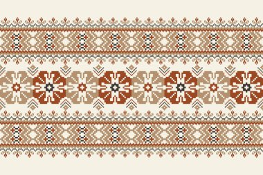 Beyaz arkaplan vektörü illüstrasyonunda çiçek pikseli sanat deseni. Geometrik etnik oryantal nakış, geleneksel, Aztek tarzı soyut özgeçmiş. Doku, kumaş, giysi, sargı için tasarım.