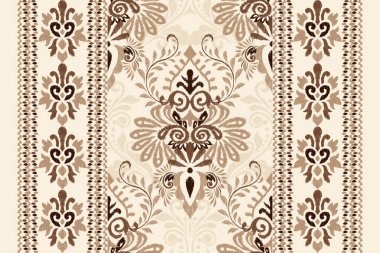 Beyaz arka plana Ikat desenli desenli işleme.Etnik oryantal desen geleneği. Doku, kumaş, giysi, ambalaj, dekorasyon, atkı, halı için soyut vektör çizimi.