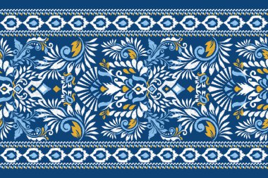 Donanma mavi fon vektör illüstrasyonunda Damask Ikat çiçek deseni. Etnik doğuya özgü nakış, soyut özgeçmiş. Doku, kumaş, giysi, ambalaj, dekorasyon, atkı, baskı için tasarım.