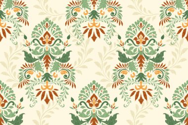 Beyaz arka plana Ikat çiçekli desenli nakış. Etnik doğuya özgü dikdörtgen desenli geleneksel. Doku, kumaş, giysi, ambalaj, dekorasyon için tasarım..