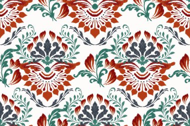 Yüzey izi, beyaz arkaplan vektörü illüstrasyonundaki Ikat çiçek deseni. İkat oryantal nakış, Aztek tarzı, barok arka plan. Doku, kumaş, giysi, ambalaj, dekorasyon, sarong için tasarım.